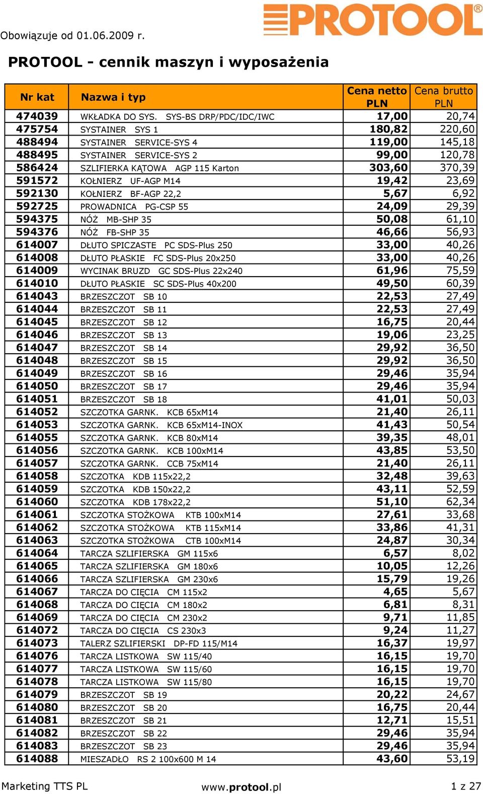 Karton 303,60 370,39 591572 KOŁNIERZ UF-AGP M14 19,42 23,69 592130 KOŁNIERZ BF-AGP 22,2 5,67 6,92 592725 PROWADNICA PG-CSP 55 24,09 29,39 594375 NÓŻ MB-SHP 35 50,08 61,10 594376 NÓŻ FB-SHP 35 46,66
