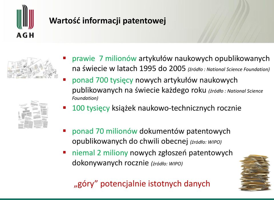 Science Foundation) 100 tysięcy książek naukowo-technicznych rocznie ponad 70 milionów dokumentów patentowych opublikowanych do