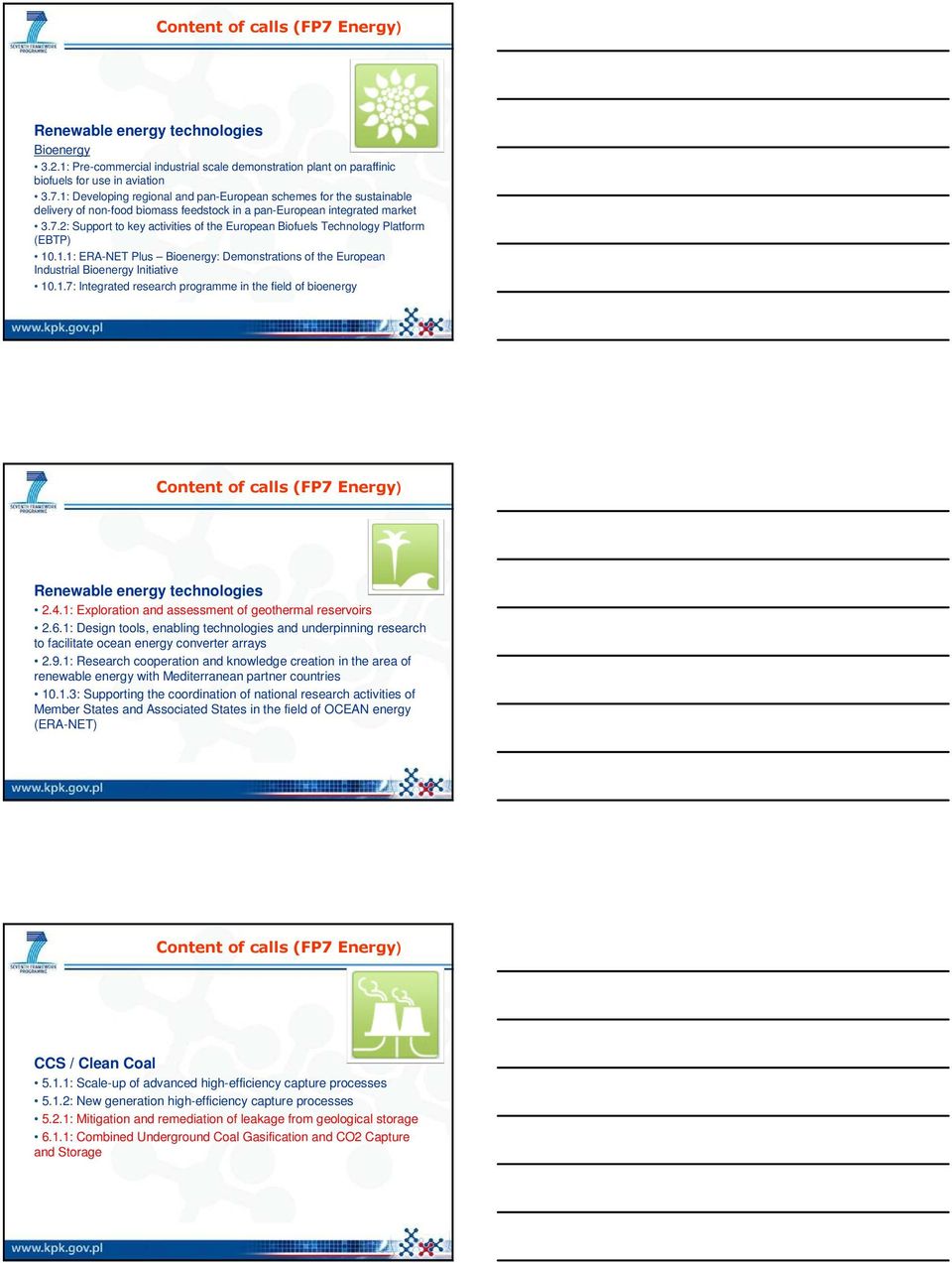 .1.1: ERA-NET Plus Bioenergy: Demonstrations of the European Industrial Bioenergy Initiative 10.1.7: Integrated research programme in the field of bioenergy Content of calls (FP7 Energy) Renewable energy technologies 2.