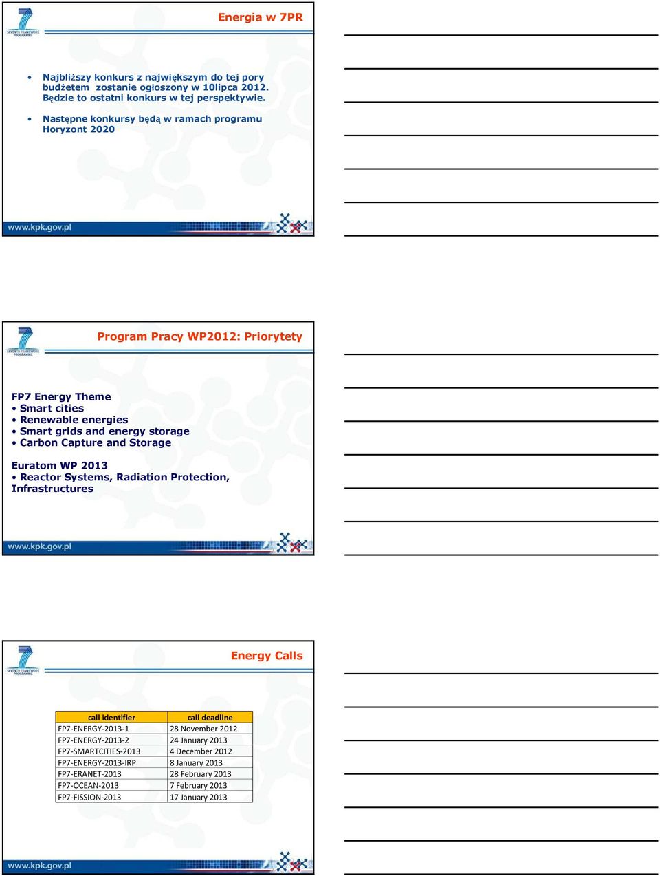 Capture and Storage Euratom WP 2013 Reactor Systems, Radiation Protection, Infrastructures Energy Calls call identifier call deadline FP7-ENERGY-2013-1 28 November 2012