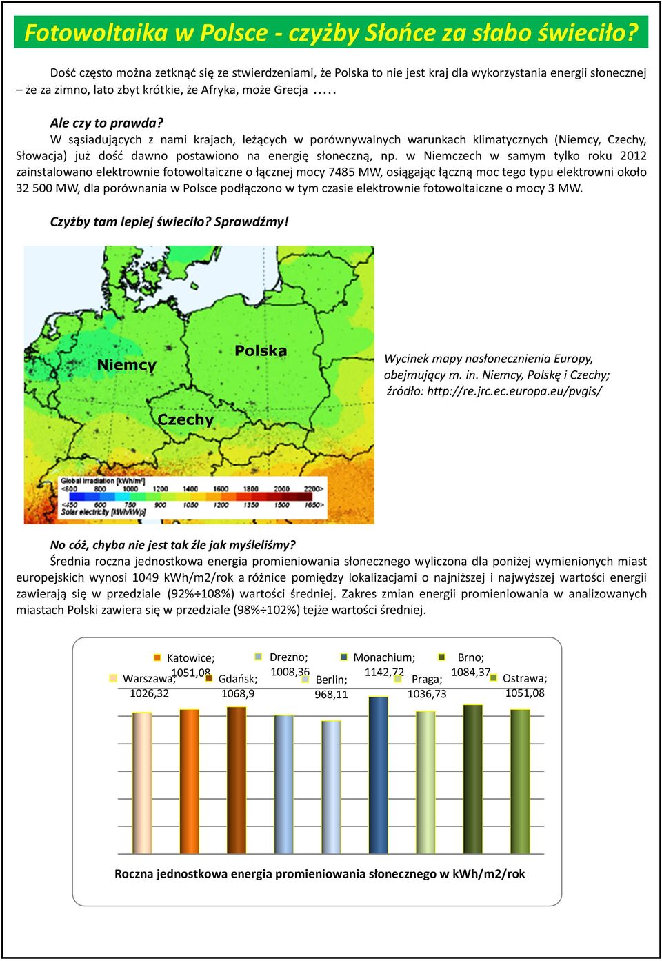 W sąsiadujących z nami krajach, leżących w porównywalnych warunkach klimatycznych (Niemcy, Czechy, Słowacja) już dość dawno postawiono na energię słoneczną, np.