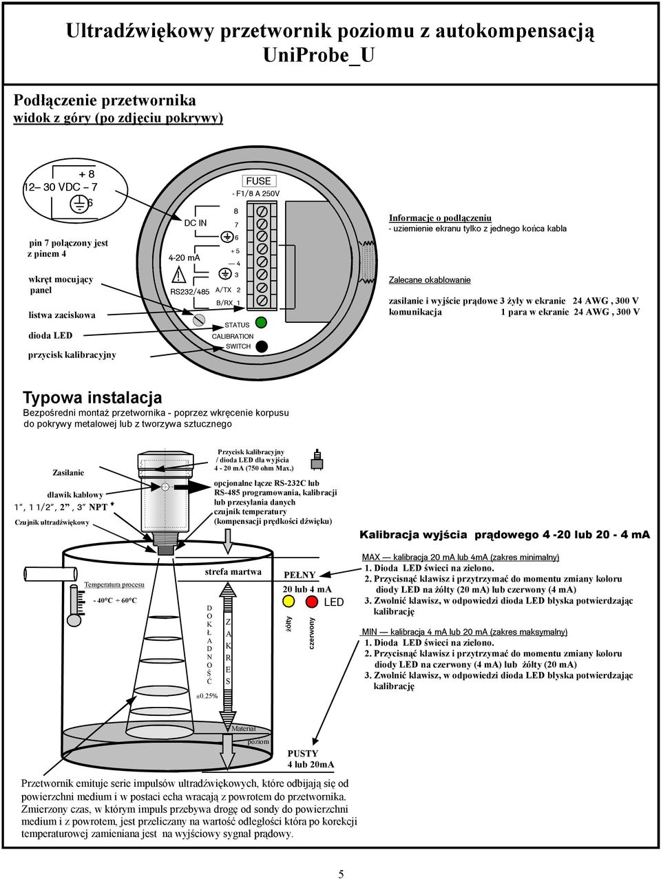 + 5 4 RS22/485 A/TX 2 B/RX 1 STATUS CALIBRATION SWITCH FUSE Informacje o podłączeniu - uziemienie ekranu tylko z jednego końca kabla Zalecane okablowanie zasilanie i wyjście prądowe żyły w ekranie 24