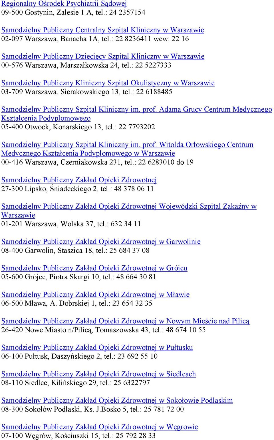 : 22 5227333 Samodzielny Publiczny Kliniczny Szpital Okulistyczny w Warszawie 03-709 Warszawa, Sierakowskiego 13, tel.: 22 6188485 Samodzielny Publiczny Szpital Kliniczny im. prof.