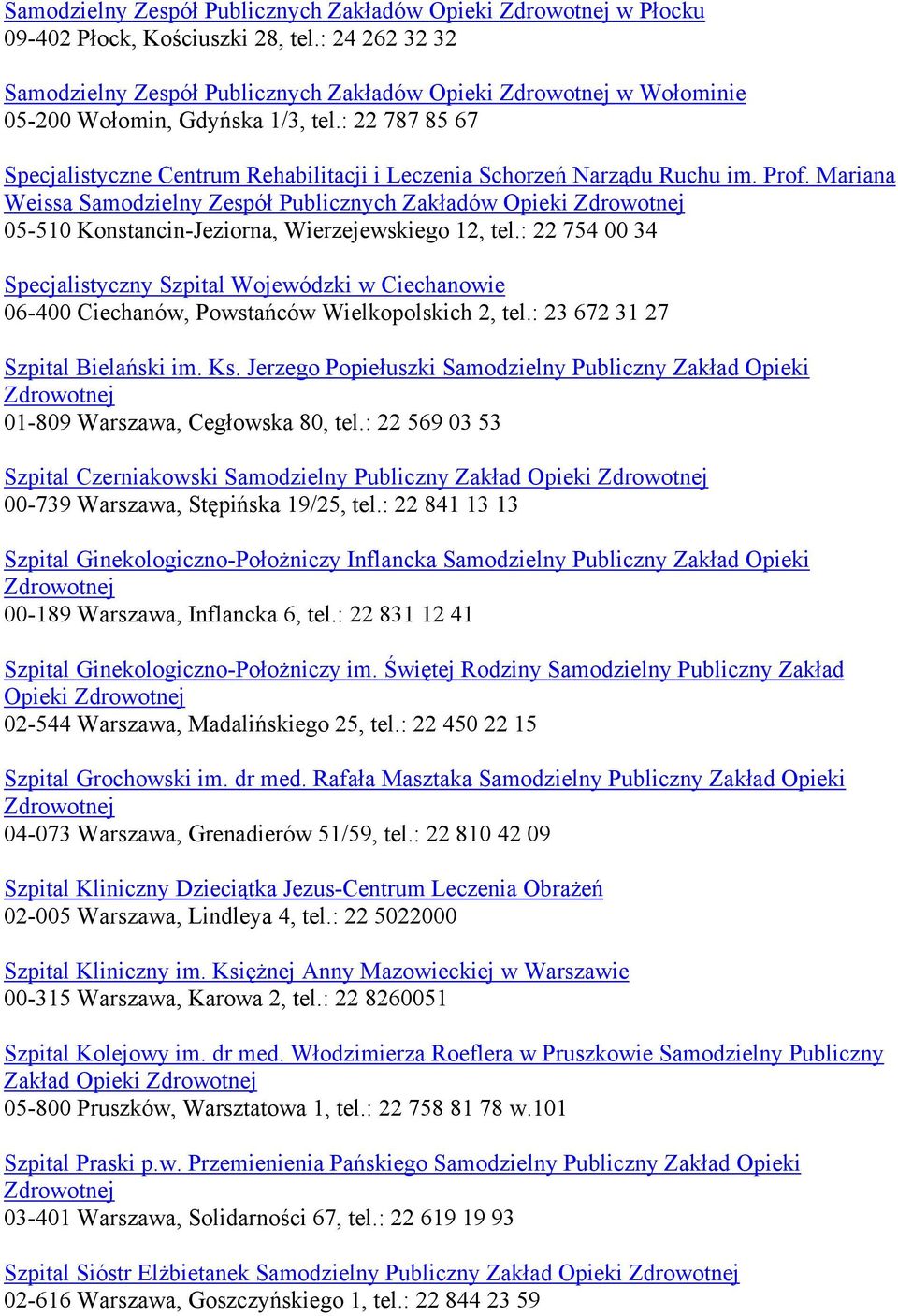 Mariana Weissa Samodzielny Zespół Publicznych Zakładów Opieki 05-510 Konstancin-Jeziorna, Wierzejewskiego 12, tel.