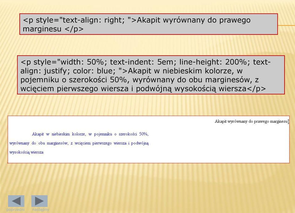 color: blue; ">Akapit w niebieskim kolorze, w pojemniku o szerokości 50%,