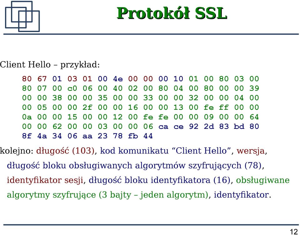 06 ca ce 92 2d 83 bd 80 8f 4a 34 06 aa 23 78 fb 44 kolejno: długość (103), kod komunikatu Client Hello, wersja, długość bloku obsługiwanych