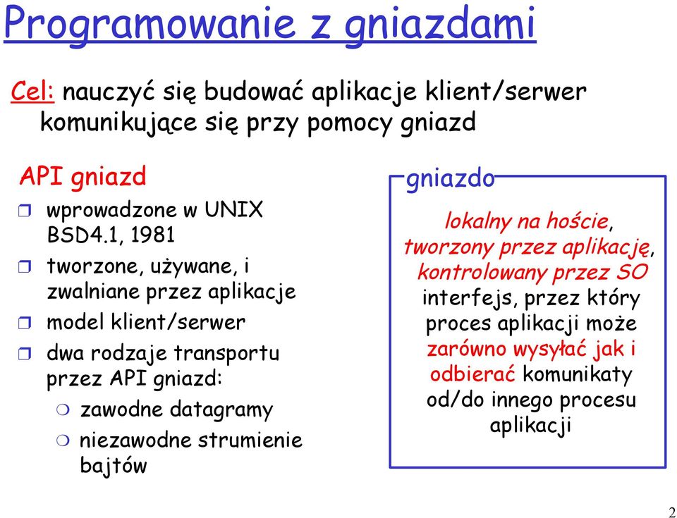 1, 1981 tworzone, używane, i zwalniane przez aplikacje model klient/serwer dwa rodzaje transportu przez API gniazd: zawodne