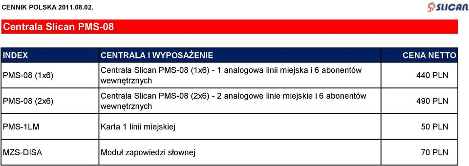 Centrala Slican PMS-08 (2x6) - 2 analogowe linie miejskie i 6 abonentów wewnętrznych 440