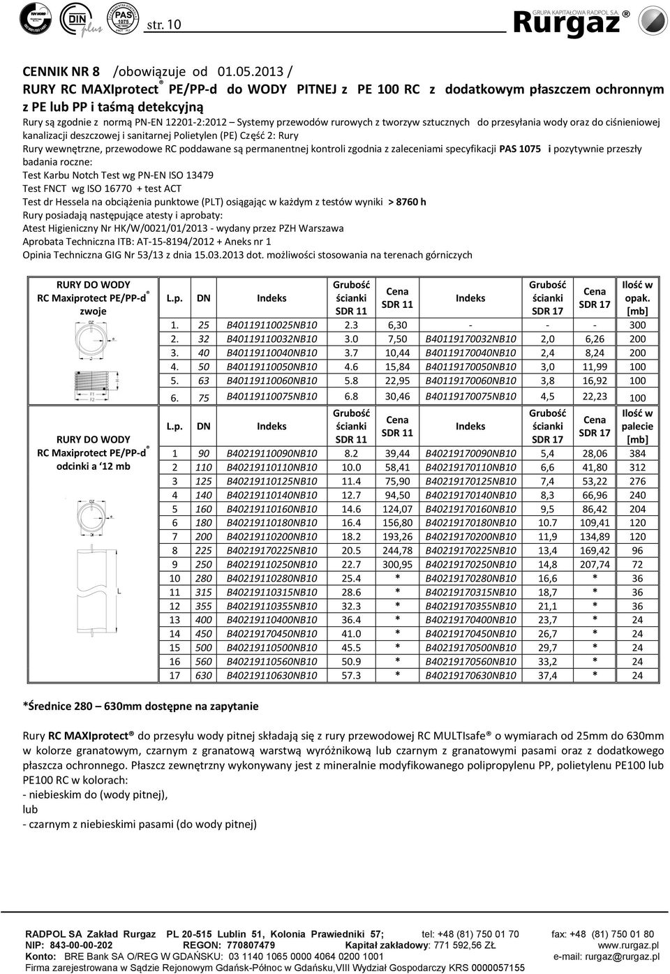 2012 / / RURY CENNIK do RC NR MAXIprotect GAZU 8 /obowiązuje z PE PE/PP d / od pomarańczowe 01.05.