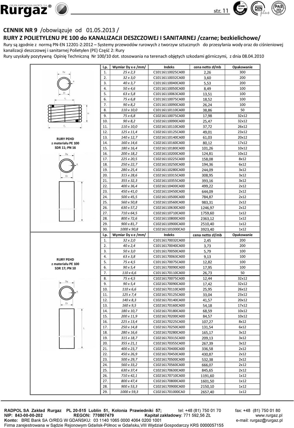 SANITARNEJ /czarne; bezkielichowe/ PE RC Rury produkowane są zgodnie z wymogami normy PNEN 15552:2012 Systemy przewodów rurowych z tworzyw sztucznych do przesyłania paliw Rury gazowych są zgodnie