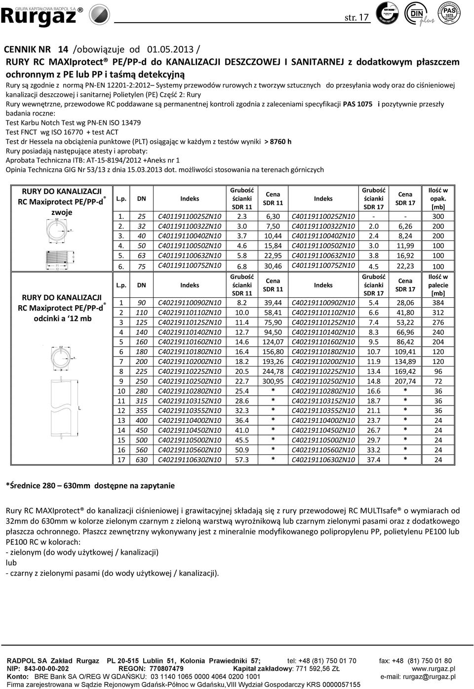 2012 / Rury RURY produkowane RC MAXIprotect są zgodnie z wymogami PE/PPd PE/PP d normy do PNEN KANALIZACJI 15552:2012 DESZCZOWEJ Systemy przewodów I SANITARNEJ rurowych z tworzyw z dodatkowym