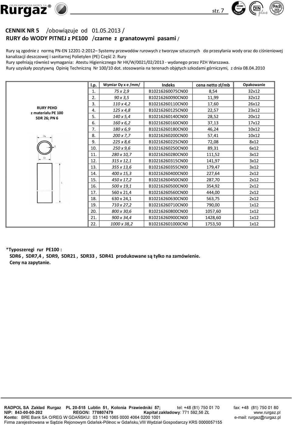 7 30. 0 x 59,3 B102161700CN0 2657,40 1x12 Rury produkowane są zgodnie z wymogami normy PNEN 15552:2012 Systemy przewodów rurowych z tworzyw sztucznych do przesyłania paliw gazowych Polietylen (PE).