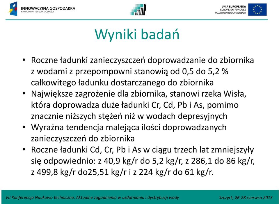 znacznie niższych stężeń niż w wodach depresyjnych Wyraźna tendencja malejąca ilości doprowadzanych zanieczyszczeń do zbiornika Roczne ładunki