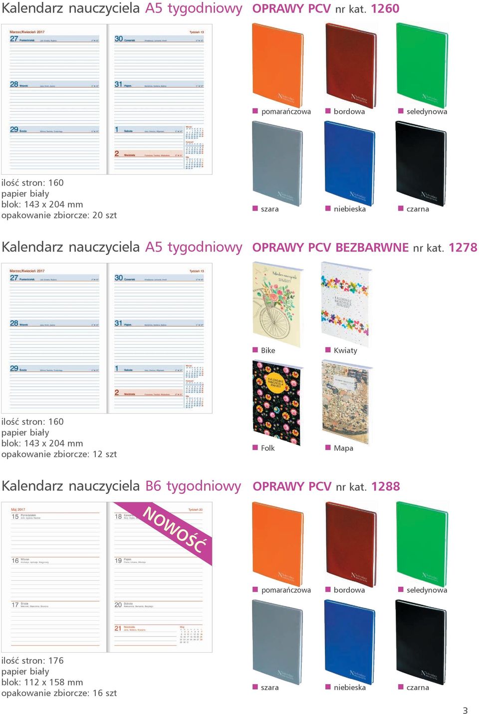 czarna Kalendarz nauczyciela A5 tygodniowy OPRAWY PCV BEZBARWNE nr kat. 1278! Bike! Kwiaty! Folk!