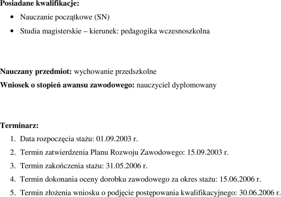 2003 r. 2. Termin zatwierdzenia Planu Rozwoju Zawodowego: 15.09.2003 r. 3. Termin zakończenia stażu: 31.05.2006 r. 4.