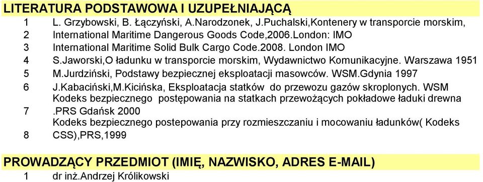 Jurdziński, Podstawy bezpiecznej eksploatacji masowców. WSM.Gdynia 997 J.Kabaciński,M.Kicińska, Eksploatacja statków do przewozu gazów skroplonych.