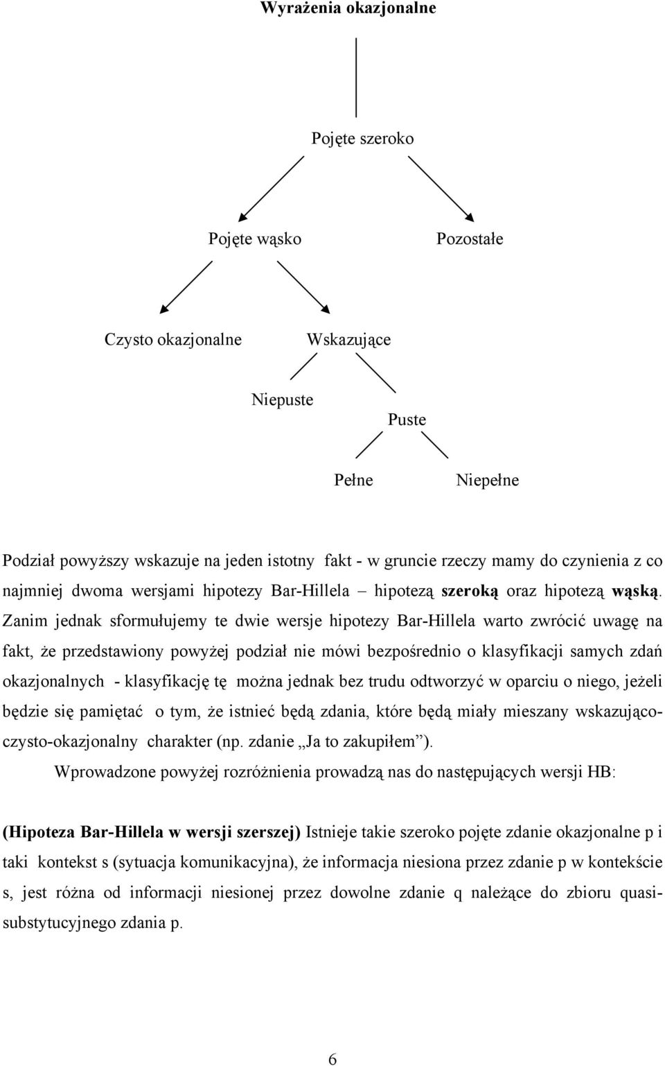 Zanim jednak sformułujemy te dwie wersje hipotezy Bar-Hillela warto zwrócić uwagę na fakt, że przedstawiony powyżej podział nie mówi bezpośrednio o klasyfikacji samych zdań okazjonalnych -