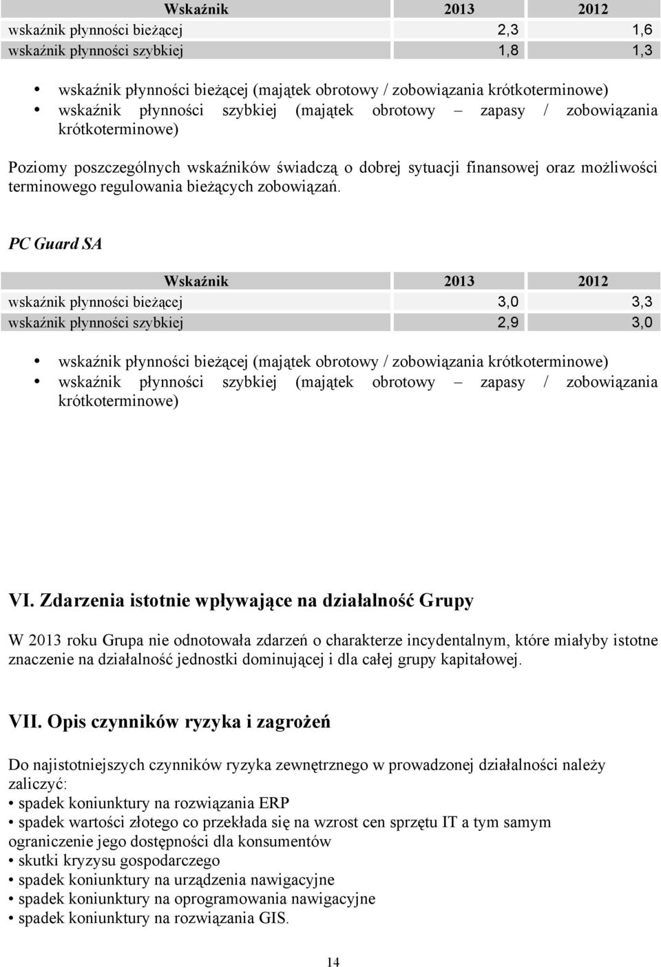 PC Guard SA Wskaźnik 2013 2012 wskaźnik płynności bieżącej 3,0 3,3 wskaźnik płynności szybkiej 2,9 3,0 wskaźnik płynności bieżącej (majątek obrotowy / zobowiązania krótkoterminowe) wskaźnik płynności