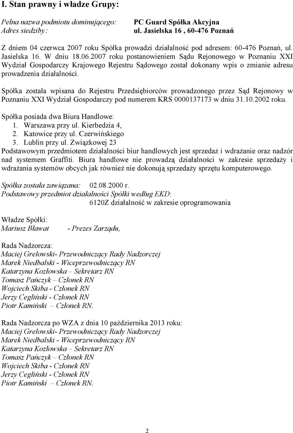 2007 roku postanowieniem Sądu Rejonowego w Poznaniu XXI Wydział Gospodarczy Krajowego Rejestru Sądowego został dokonany wpis o zmianie adresu prowadzenia działalności.