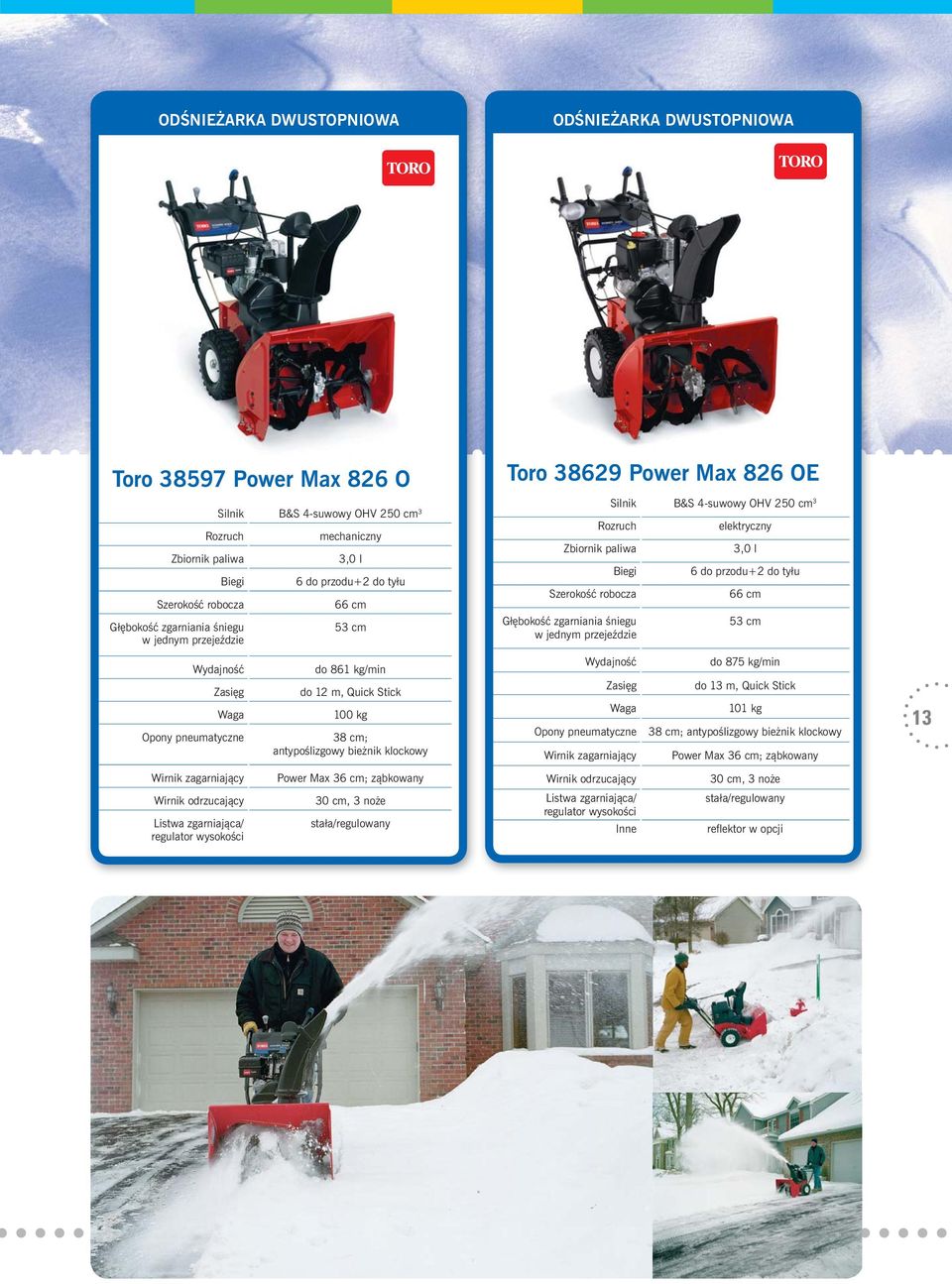 bieżnik klockowy Toro 38629 Power Max 826 OE Rozruch Zbiornik paliwa Biegi Szerokość robocza Głębokość zgarniania śniegu w jednym przejeździe Silnik B&S 4-suwowy OHV 250 cm 3 Wydajność Zasięg Opony