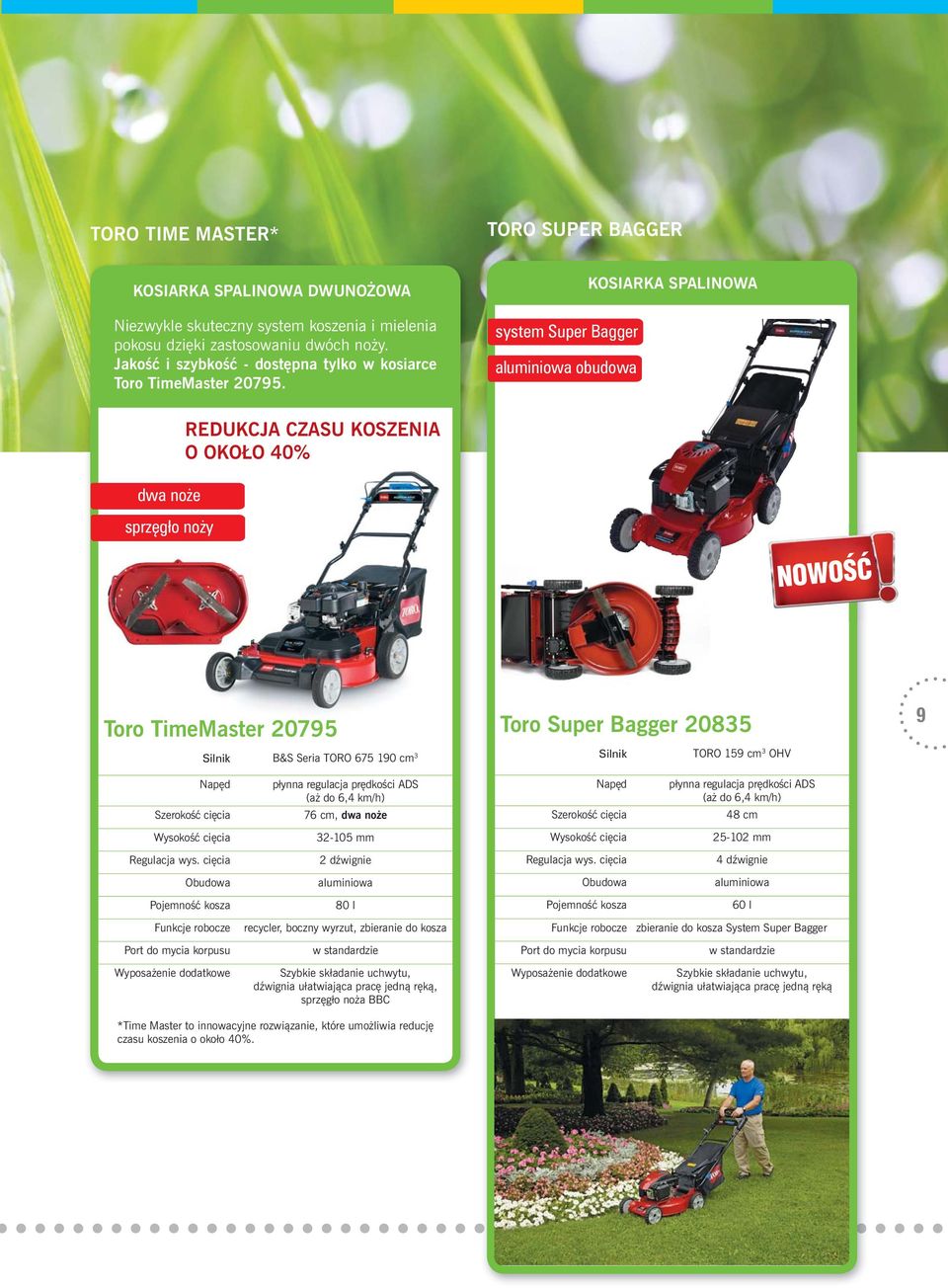 system Super Bagger aluminiowa obudowa KOSIARKA SPALINOWA dwa noże sprzęgło noży REDUKCJA CZASU KOSZENIA O OKOŁO 40% rozruch elektryczny Toro TimeMaster aluminiowa obudowa 20795 Silnik B&S Seria TORO