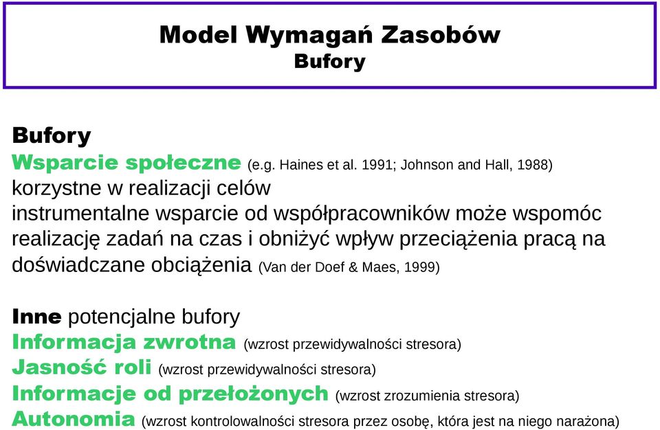 obniżyć wpływ przeciążenia pracą na doświadczane obciążenia (Van der Doef & Maes, 1999) Inne potencjalne bufory Informacja zwrotna (wzrost