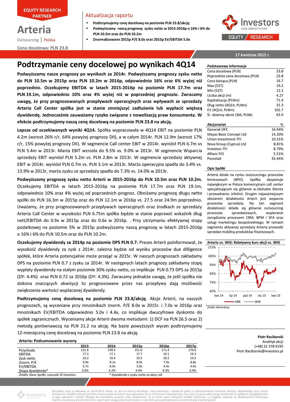 0x Podtrzymanie ceny docelowej po wynikach 4Q14 Podwyższamy nasze prognozy po wynikach za 2014r. Podwyższamy prognozy zysku netto do PLN 10.5m w 2015p oraz PLN 10.