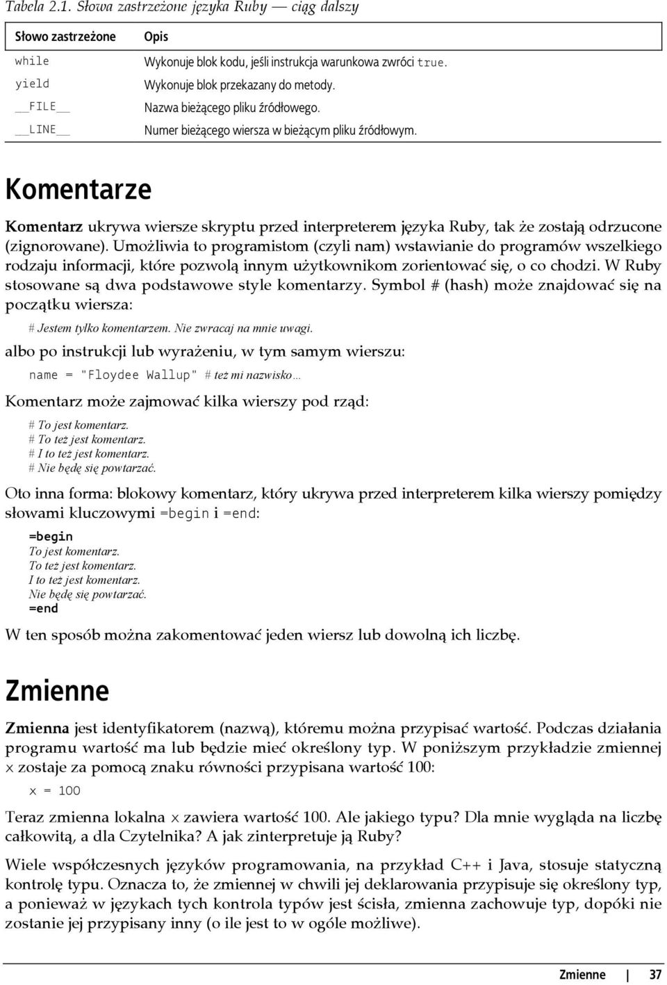 Komentarze Komentarz ukrywa wiersze skryptu przed interpreterem języka Ruby, tak że zostają odrzucone (zignorowane).
