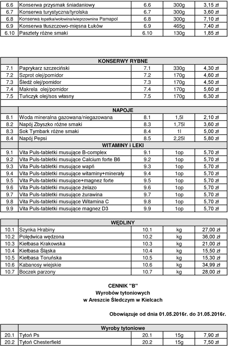 3 Śledź olej/pomidor 7.3 170g 4,50 zł 7.4 Makrela olej/pomidor 7.4 170g 5,60 zł 7.5 Tuńczyk olej/sos własny 7.5 170g 6,30 zł NAPOJE 8.1 Woda mineralna gazowana/niegazowana 8.1 1,5l 2,10 zł 8.