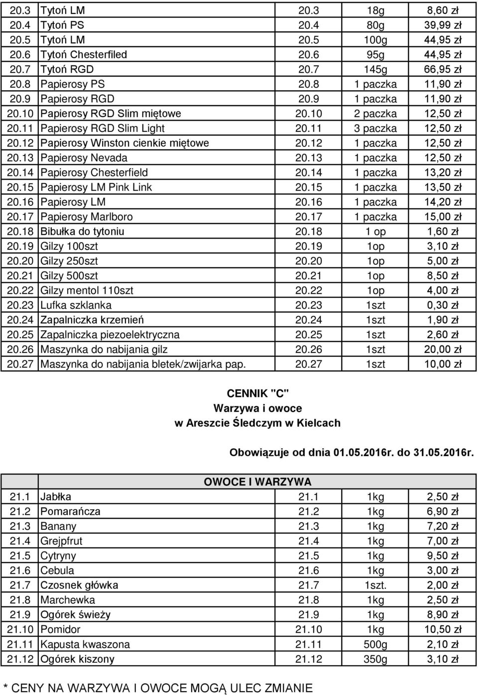 12 Papierosy Winston cienkie miętowe 20.12 1 paczka 12,50 zł 20.13 Papierosy Nevada 20.13 1 paczka 12,50 zł 20.14 Papierosy Chesterfield 20.14 1 paczka 13,20 zł 20.15 Papierosy LM Pink Link 20.