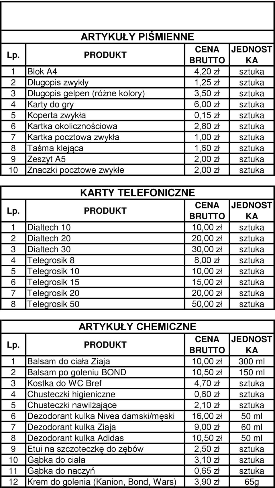 6 Kartka okolicznościowa 2,80 zł sztuka 7 Kartka pocztowa zwykła 1,00 zł sztuka 8 Taśma klejąca 1,60 zł sztuka 9 Zeszyt A5 2,00 zł sztuka 10 Znaczki pocztowe zwykłe 2,00 zł sztuka KARTY TELEFONICZNE