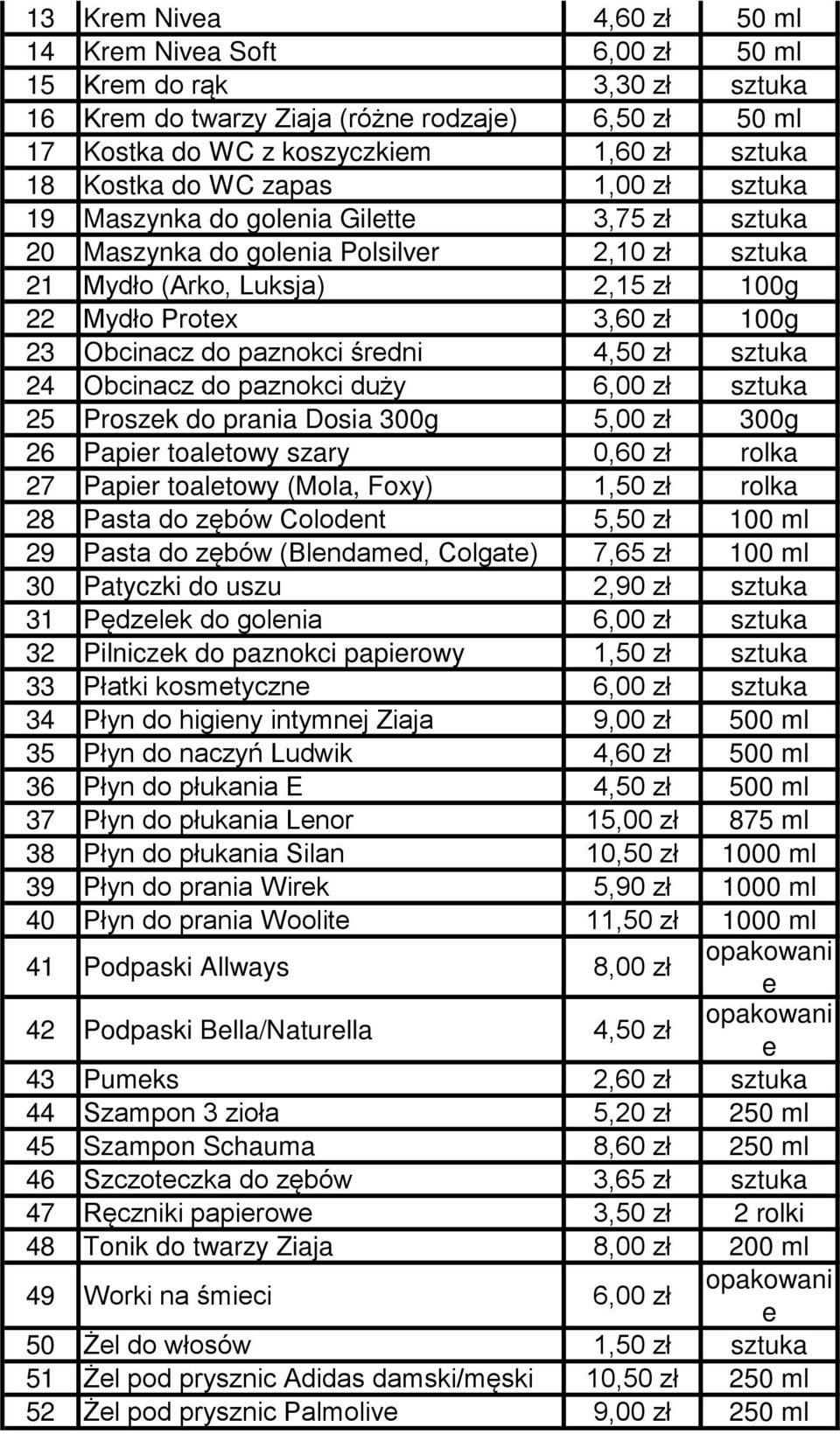 do paznokci średni 4,50 zł sztuka 24 Obcinacz do paznokci duży 6,00 zł sztuka 25 Proszek do prania Dosia 300g 5,00 zł 300g 26 Papier toaletowy szary 0,60 zł rolka 27 Papier toaletowy (Mola, Foxy)