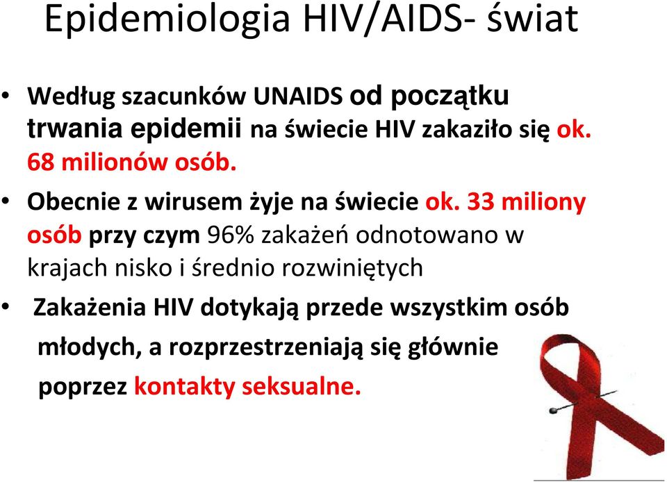 33 miliony osób przy czym 96% zakażeń odnotowano w krajach nisko i średnio rozwiniętych