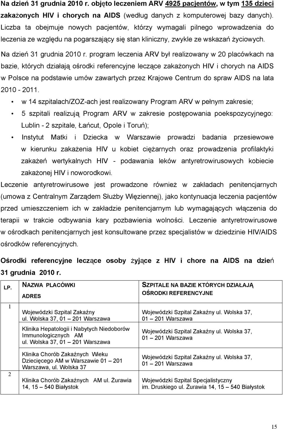 program leczenia ARV był realizowany w 20 placówkach na bazie, których działają ośrodki referencyjne leczące zakażonych HIV i chorych na AIDS w Polsce na podstawie umów zawartych przez Krajowe