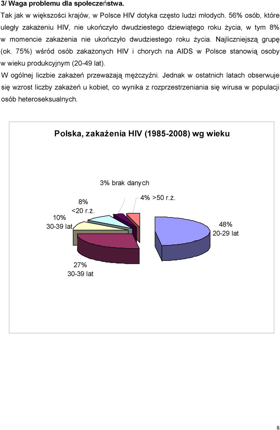 Najliczniejszą grupę (ok. 75%) wśród osób zakażonych HIV i chorych na AIDS w Polsce stanowią osoby w wieku produkcyjnym (20-49 lat). W ogólnej liczbie zakażeń przeważają mężczyźni.