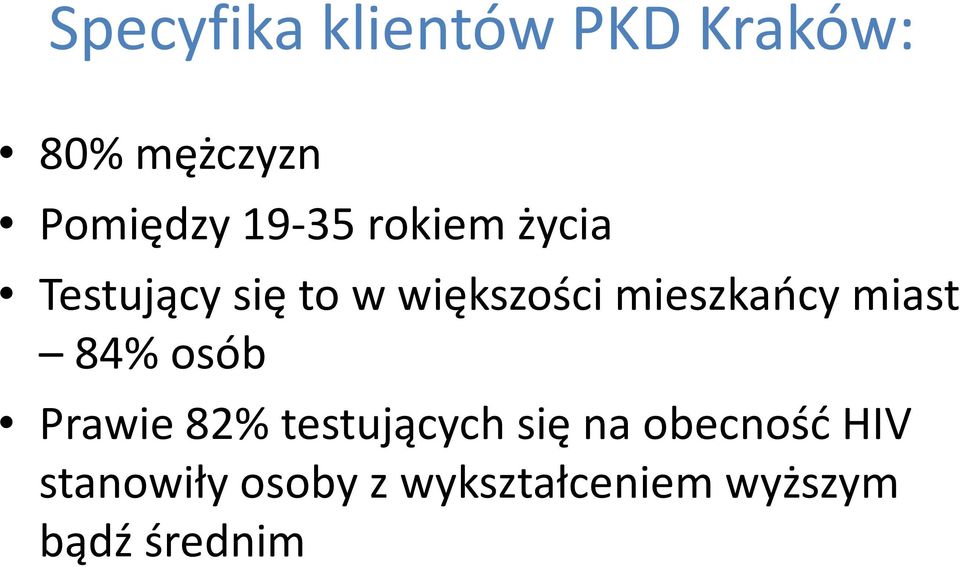 mieszkańcy miast 84% osób Prawie 82% testujących się na