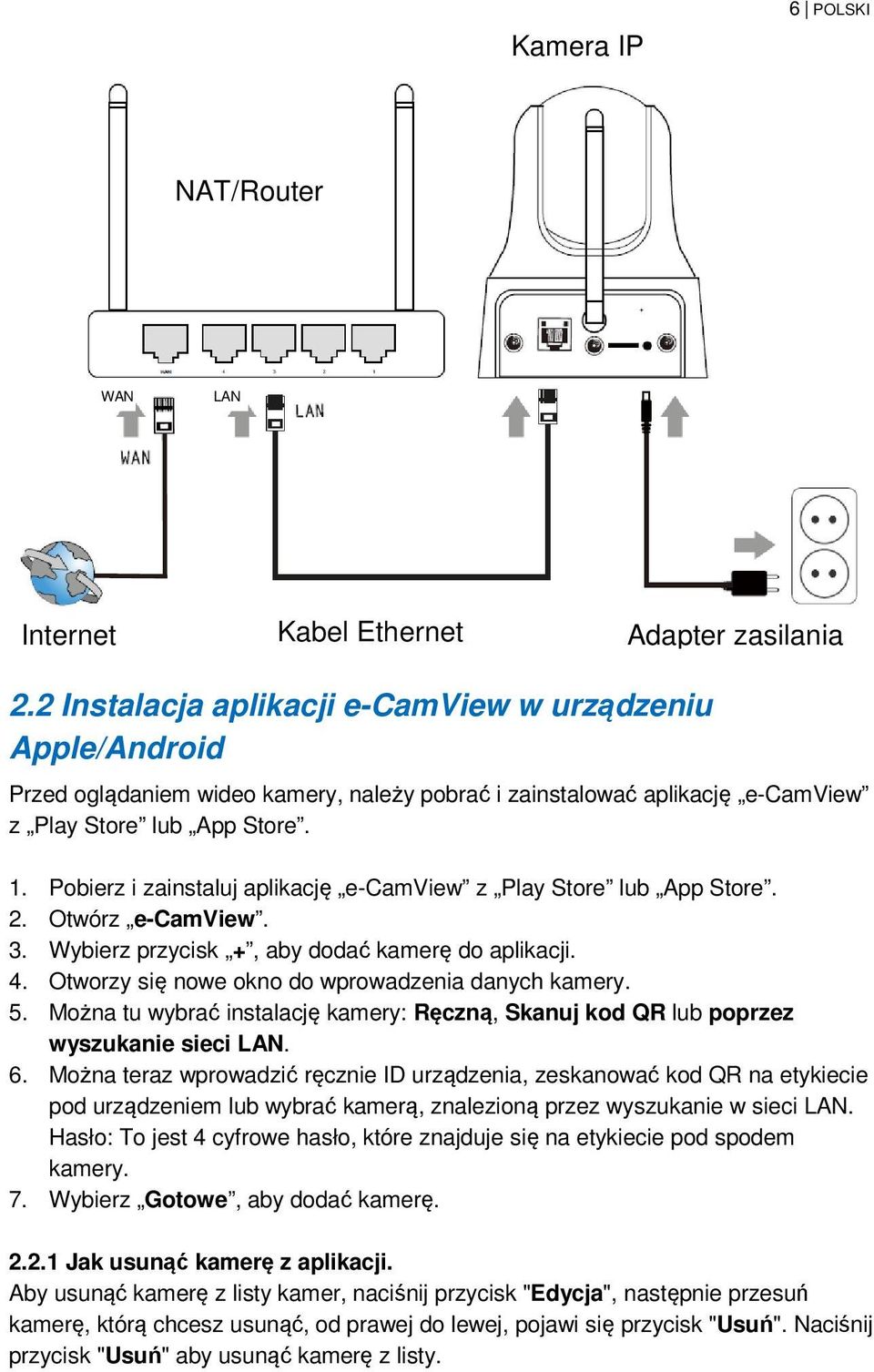 Pobierz i zainstaluj aplikację e-camview z Play Store lub App Store. 2. Otwórz e-camview. 3. Wybierz przycisk +, aby dodać kamerę do aplikacji. 4. Otworzy się nowe okno do wprowadzenia danych kamery.