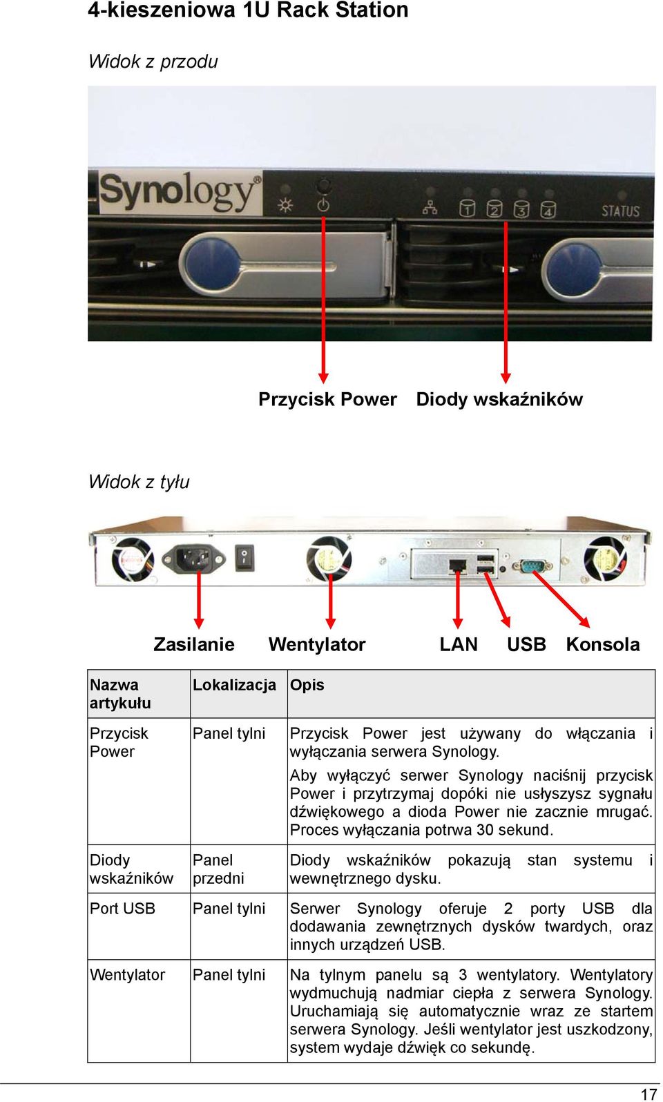 Aby wyłączyć serwer Synology naciśnij przycisk Power i przytrzymaj dopóki nie usłyszysz sygnału dźwiękowego a dioda Power nie zacznie mrugać. Proces wyłączania potrwa 30 sekund.