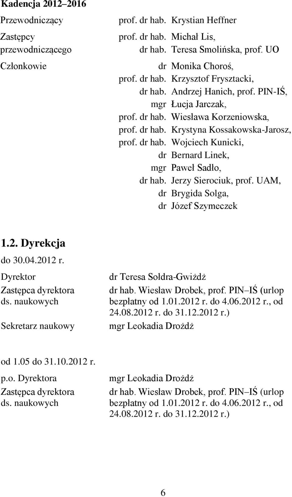 Jerzy Sierociuk, prof. UAM, dr Brygida Solga, dr Józef Szymeczek 1.2. Dyrekcja do 30.04.2012 r. Dyrektor Zastępca dyrektora ds. naukowych Sekretarz naukowy dr Teresa Sołdra-Gwiżdż dr hab.