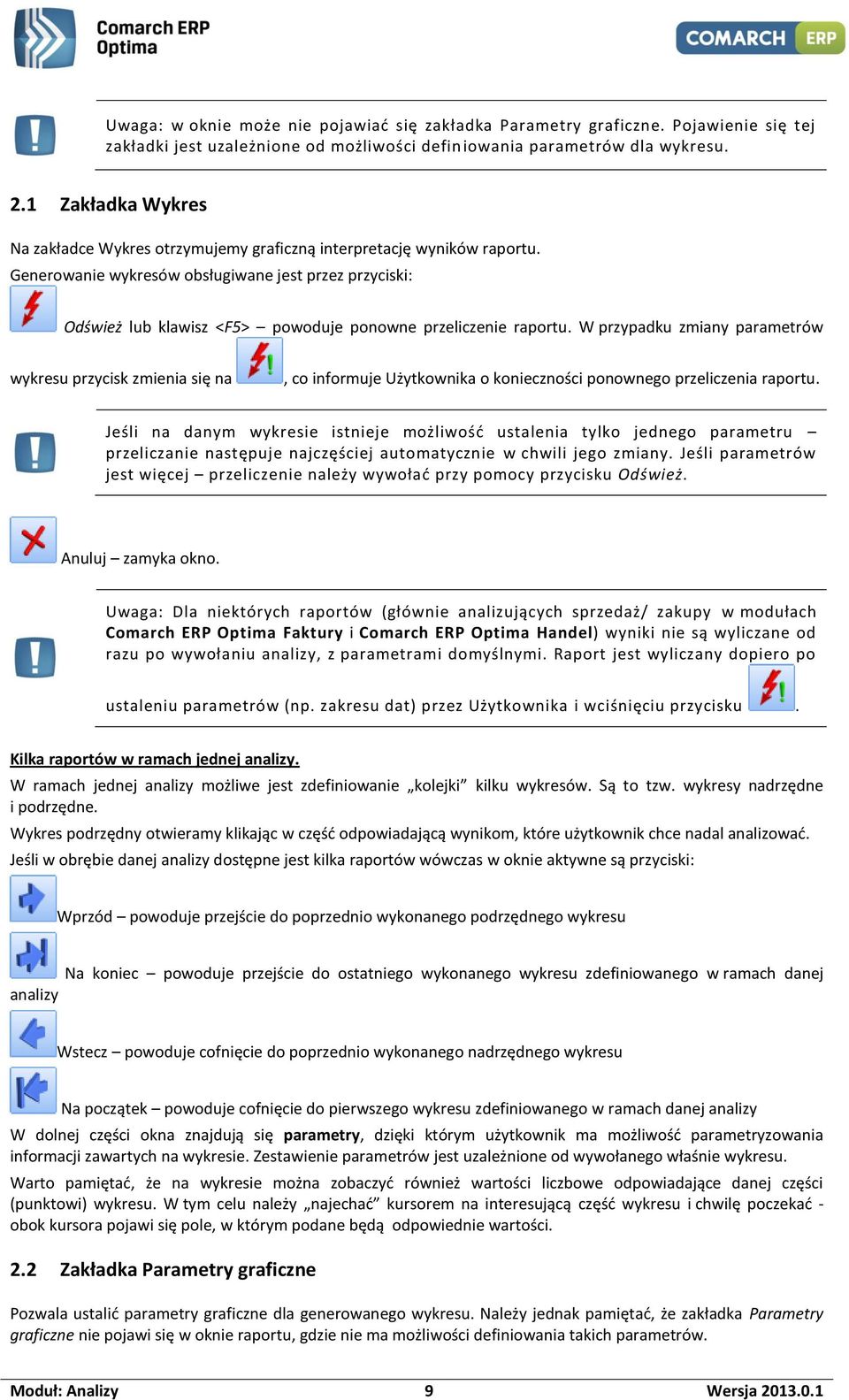 Generowanie wykresów obsługiwane jest przez przyciski: Odśwież lub klawisz <F5> powoduje ponowne przeliczenie raportu.