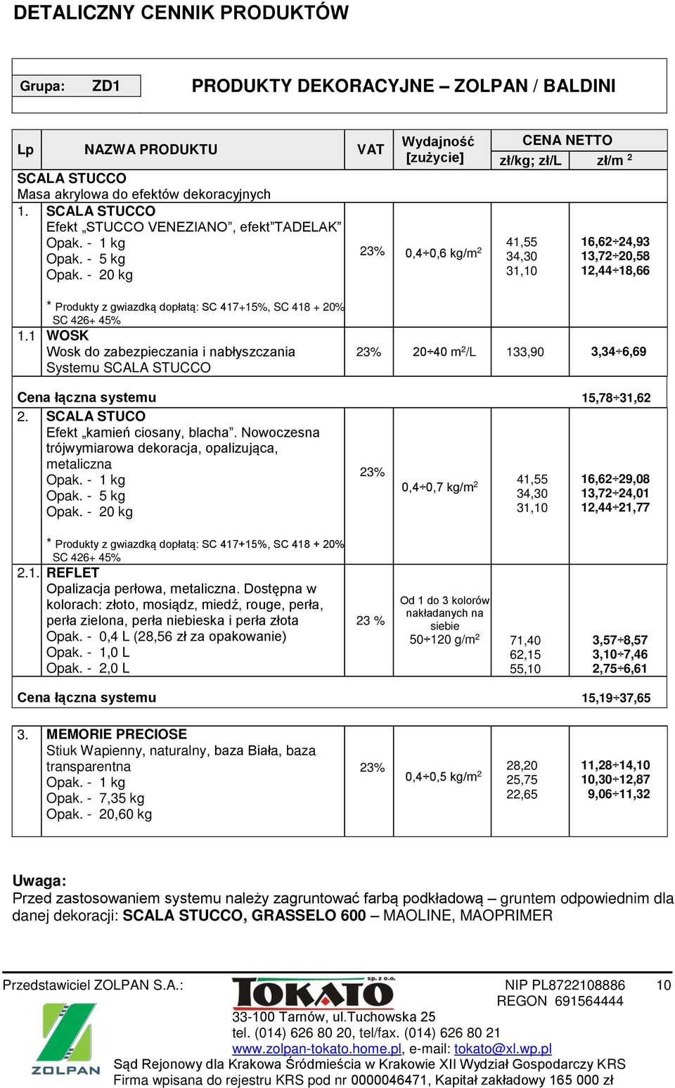 1 WOSK Wosk do zabezpieczania i nabłyszczania Systemu SCALA STUCCO 20 40 m 2 /L 133,90 3,34 6,69 Cena łączna systemu 15,78 31,62 2. SCALA STUCO Efekt kamień ciosany, blacha.