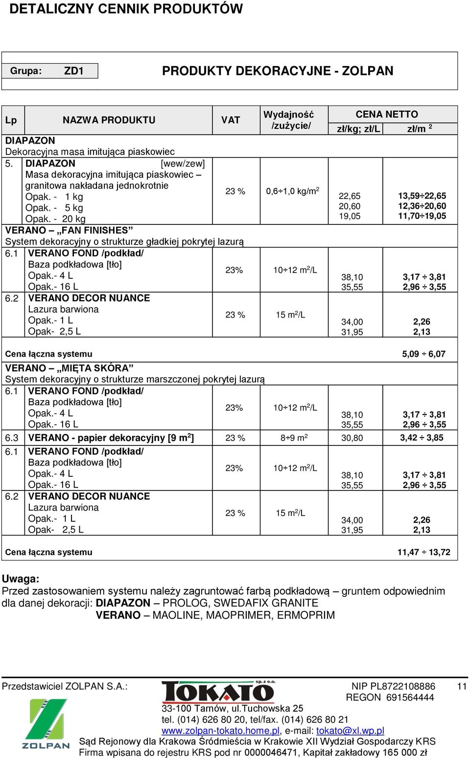 - 20 kg VERANO FAN FINISHES System dekoracyjny o strukturze gładkiej pokrytej lazurą 6.1 VERANO FOND /podkład/ Baza podkładowa [tło] Opak.- 4 L Opak.- 16 L 6.