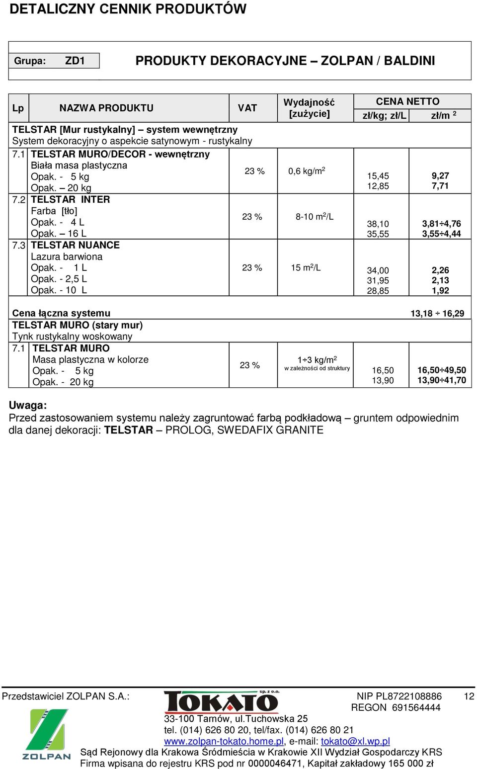 - 10 L [zużycie] 23 % 0,6 kg/m 2 15,45 12,85 23 % 8-10 m 2 /L zł/kg; zł/l zł/m 2 38,10 35,55 23 % 15 m 2 /L 34,00 31,95 28,85 9,27 7,71 3,81 4,76 3,55 4,44 Cena łączna systemu 13,18 16,29 TELSTAR