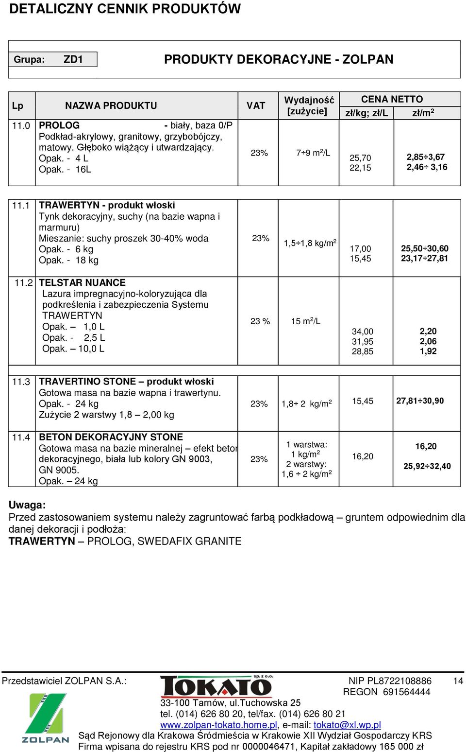 1 TRAWERTYN - produkt włoski Tynk dekoracyjny, suchy (na bazie wapna i marmuru) Mieszanie: suchy proszek 30-40% woda Opak. - 6 kg Opak. - 18 kg 1,5 1,8 kg/m 2 17,00 15,45 25,50 30,60 23,17 27,81 11.