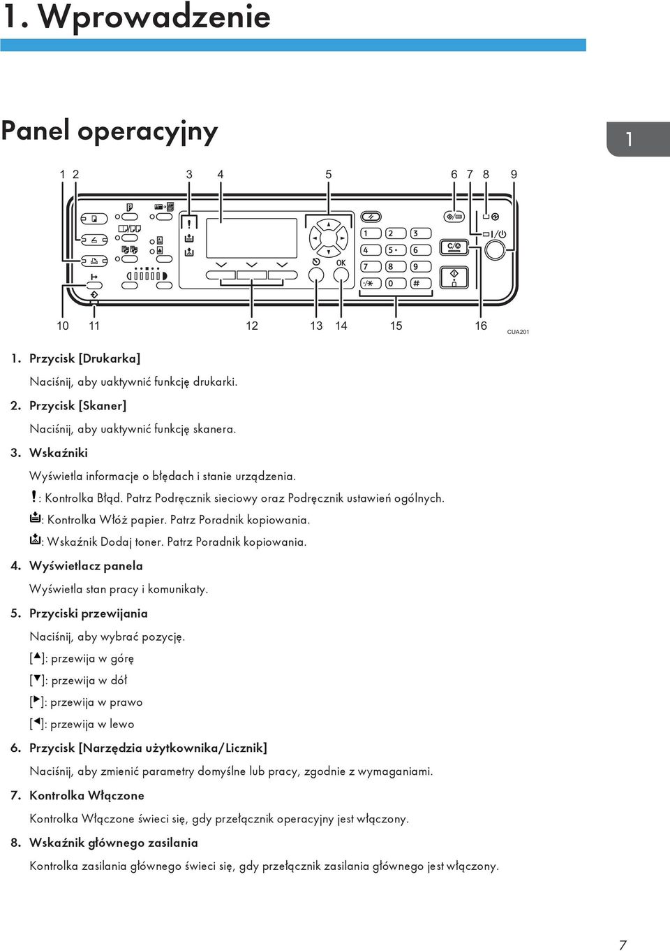 : Wskaźnik Dodaj toner. Patrz Poradnik kopiowania. 4. Wyświetlacz panela Wyświetla stan pracy i komunikaty. 5. Przyciski przewijania Naciśnij, aby wybrać pozycję.
