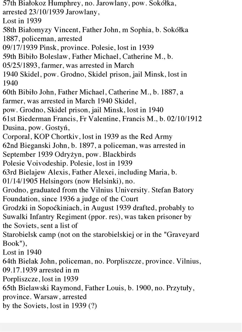 Grodno, Skidel prison, jail Minsk, lost in 1940 60th BibiKo John, Father Michael, Catherine M., b. 1887, a farmer, was arrested in March 1940 Skidel, pow.