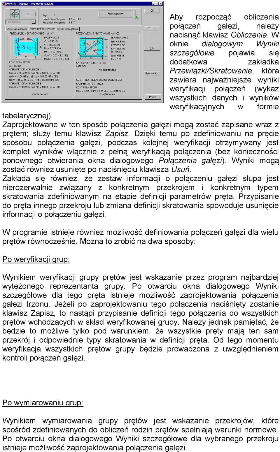 w formie tabelarycznej). Zaprojektowane w ten sposób połączenia gałęzi mogą zostać zapisane wraz z prętem; służy temu klawisz Zapisz.