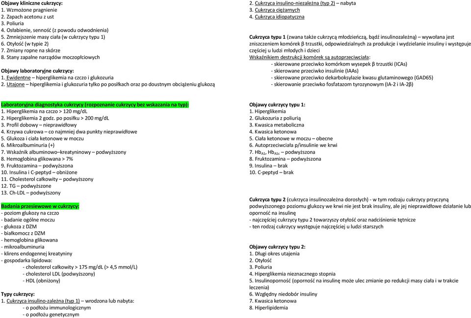 Utajone hiperglikemia i glukozuria tylko po posiłkach oraz po doustnym obciążeniu glukozą 2. Cukrzyca insulino-niezależna (typ 2) nabyta 3. Cukrzyca ciężarnych 4.