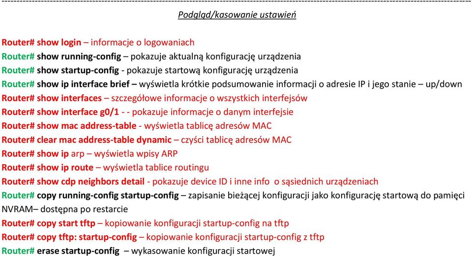 brief wyświetla krótkie podsumowanie informacji o adresie IP i jego stanie up/down Router# show interfaces szczegółowe informacje o wszystkich interfejsów Router# show interface g0/1 - - pokazuje