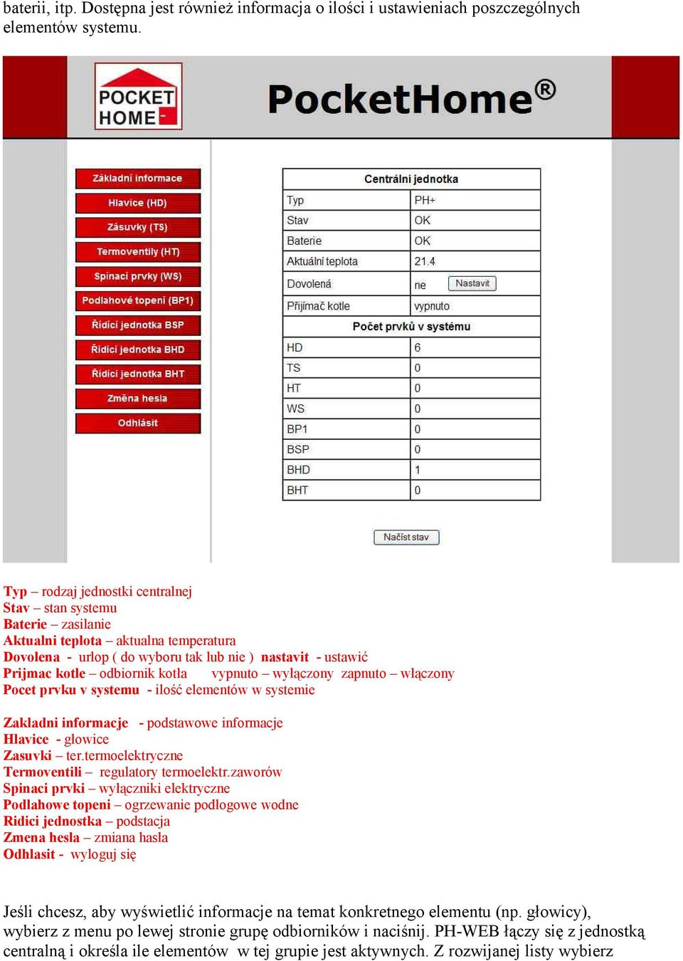 vypnuto wyłączony zapnuto włączony Pocet prvku v systemu - ilość elementów w systemie Zakladni informacje - podstawowe informacje Hlavice - głowice Zasuvki ter.